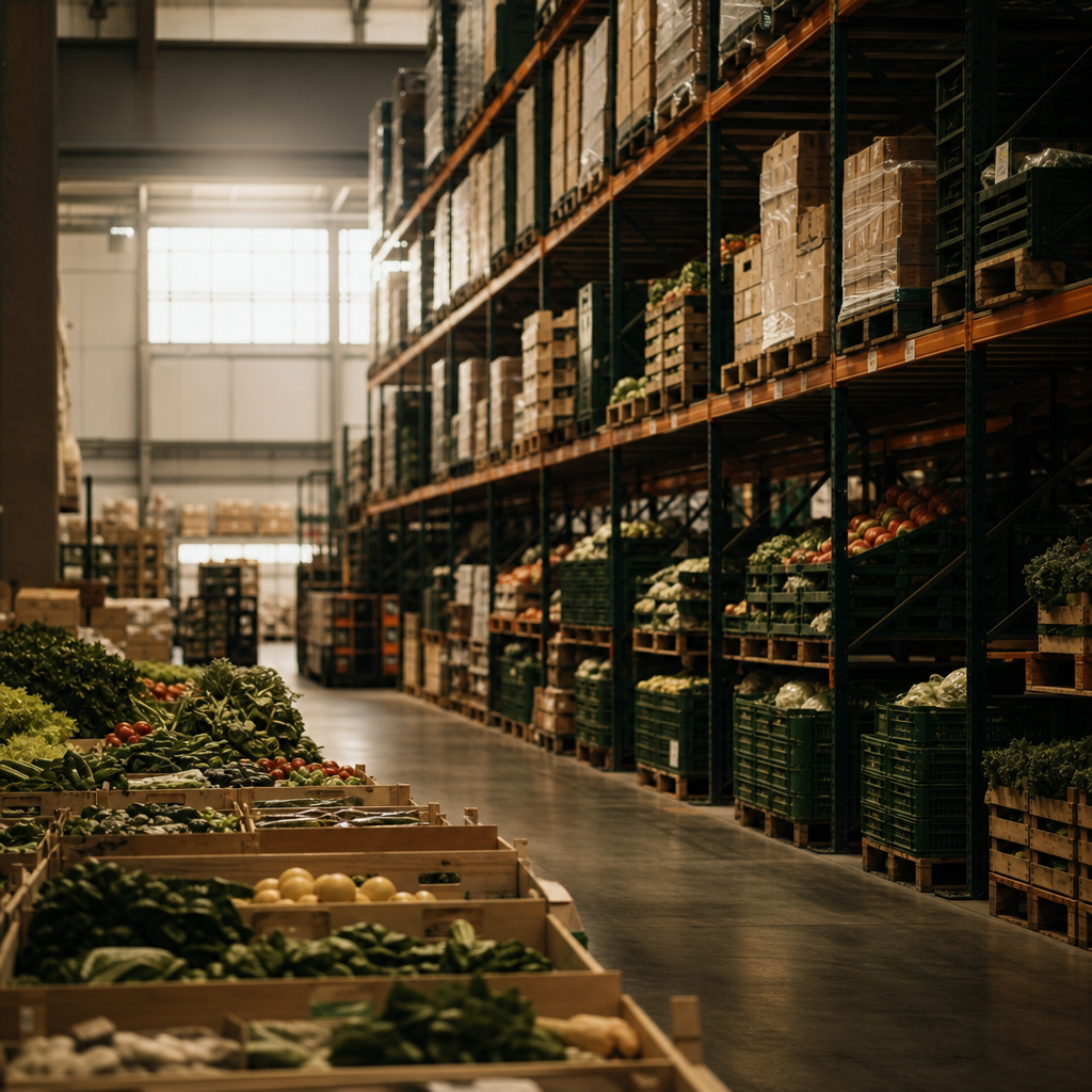 Organized wholesale food distribution warehouse with stocked shelves and pallets